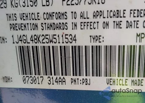 2005 Jeep Liberty Sport z USA, uszkodzony, nr VIN 1J4GL48K25W511534